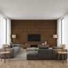 Rake Juhi Brown | Architectural Wallcoverings - Living Room Visualization (AI-generated, may not be to scale. Verify pattern scale with product specifications.)