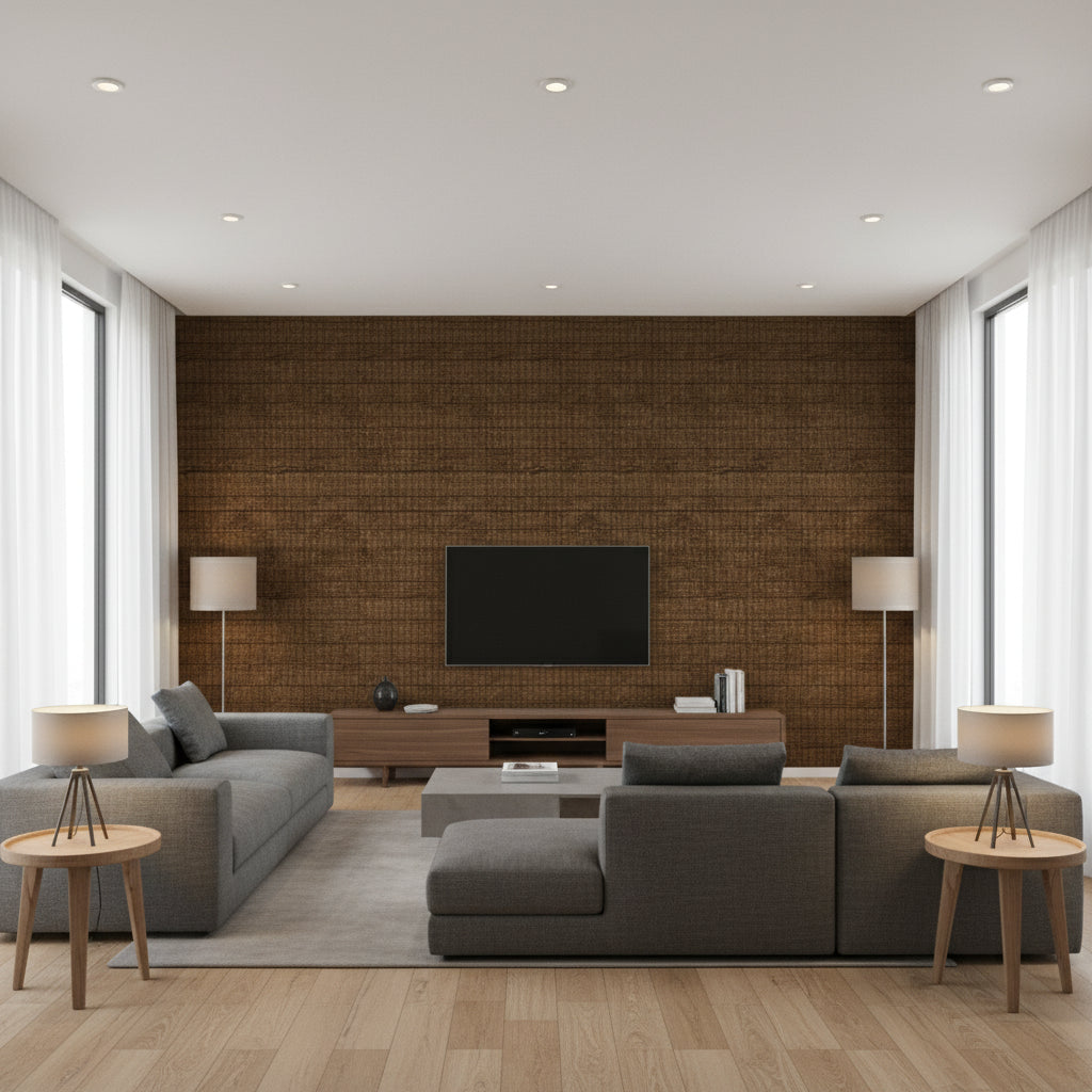 Rake Juhi Brown | Architectural Wallcoverings - Living Room Visualization (AI-generated, may not be to scale. Verify pattern scale with product specifications.)
