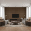 Rake Inu Brown | Architectural Wallcoverings - Living Room Visualization (AI-generated, may not be to scale. Verify pattern scale with product specifications.)