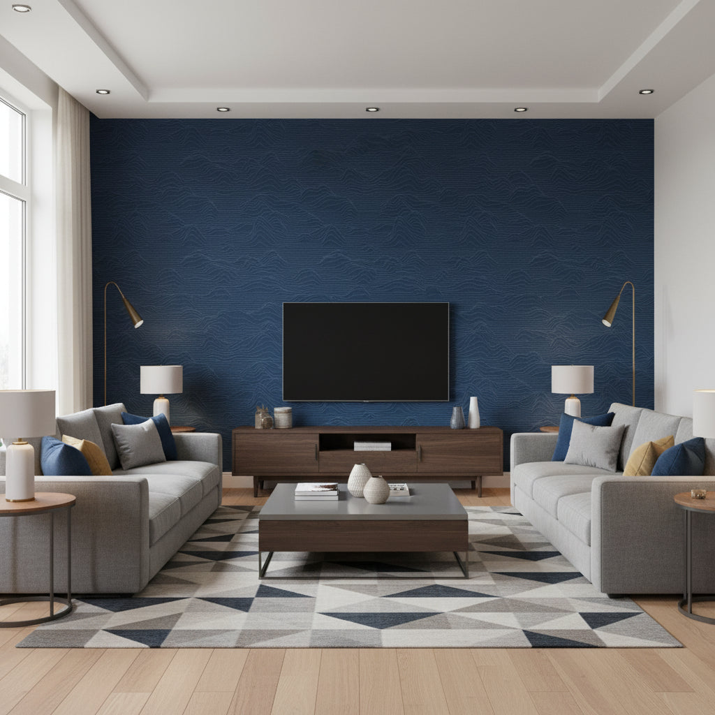 Hillside Lakeside Blue | Architectural Wallcoverings - Living Room Visualization (AI-generated, may not be to scale. Verify pattern scale with product specifications.)
