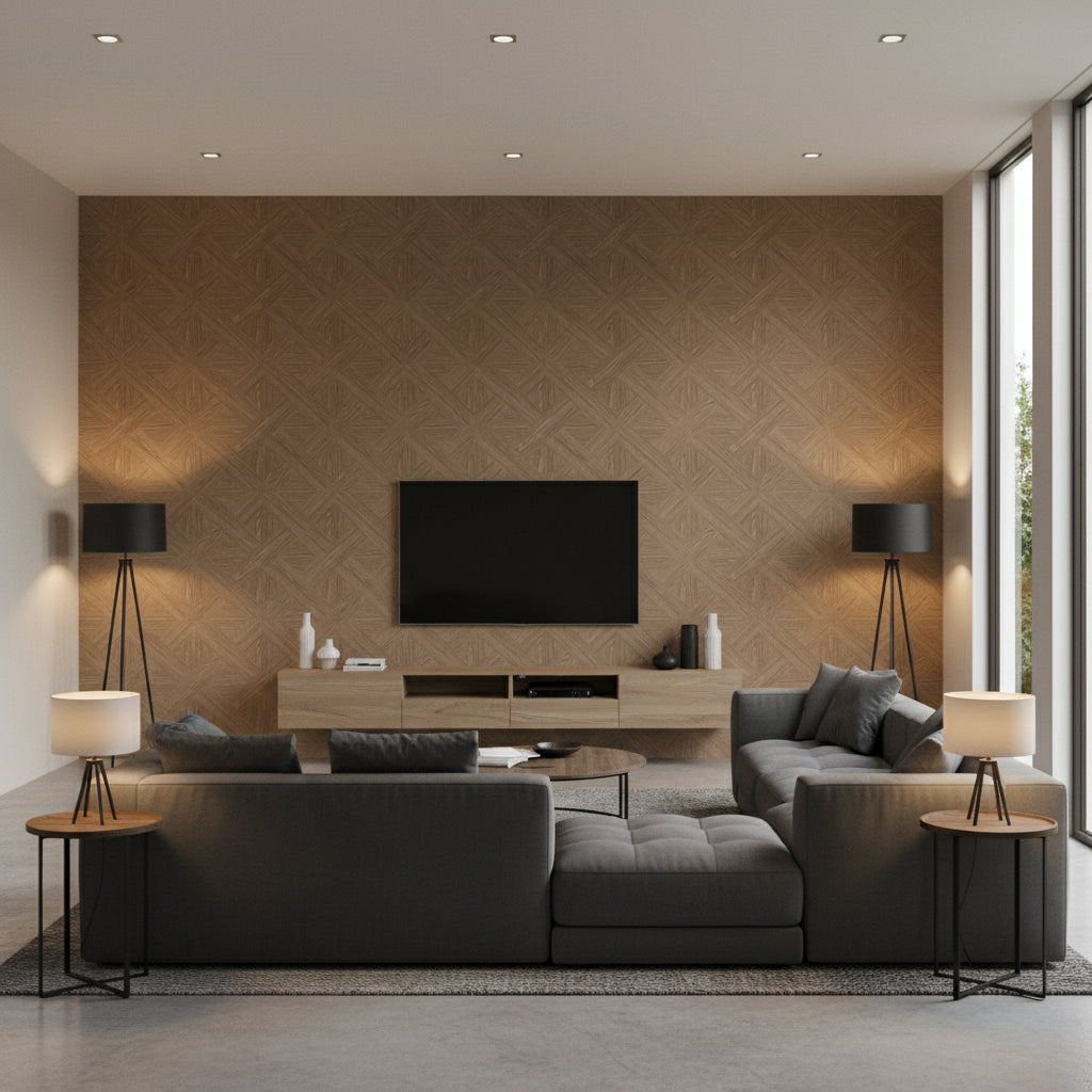 Majestic Kona | Architectural Wallcoverings - Living Room Visualization (AI-generated, may not be to scale. Verify pattern scale with product specifications.)