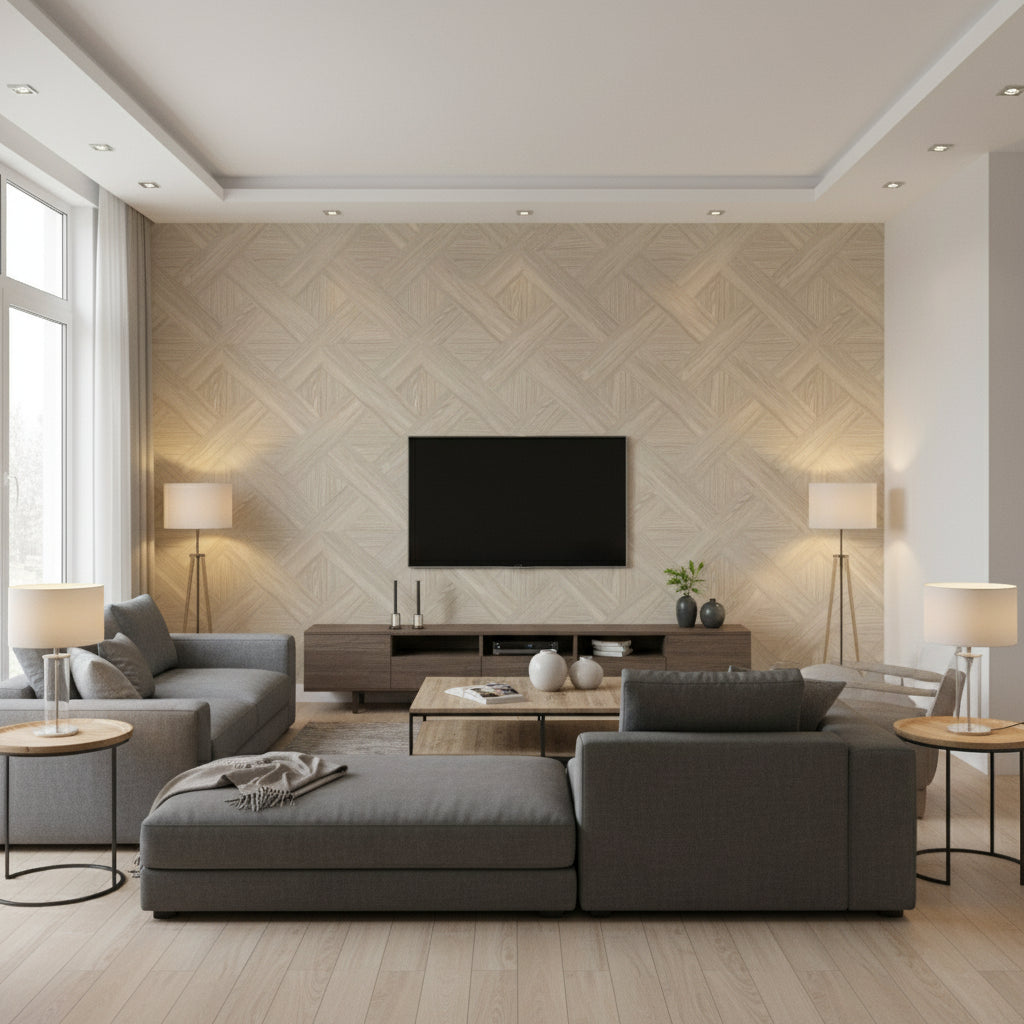 Majestic Nantucket | Architectural Wallcoverings - Living Room Visualization (AI-generated, may not be to scale. Verify pattern scale with product specifications.)