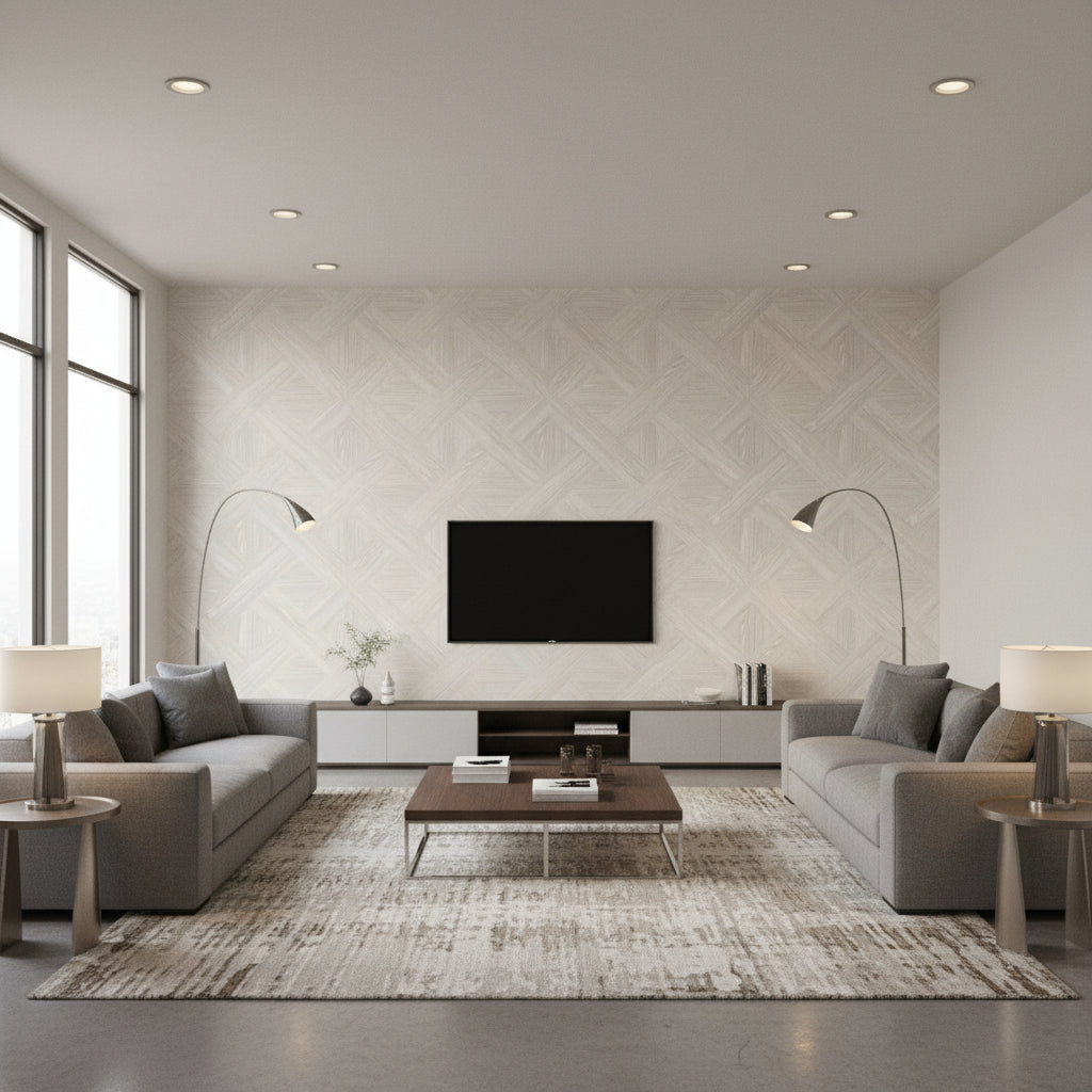 Majestic Whitewood | Architectural Wallcoverings - Living Room Visualization (AI-generated, may not be to scale. Verify pattern scale with product specifications.)