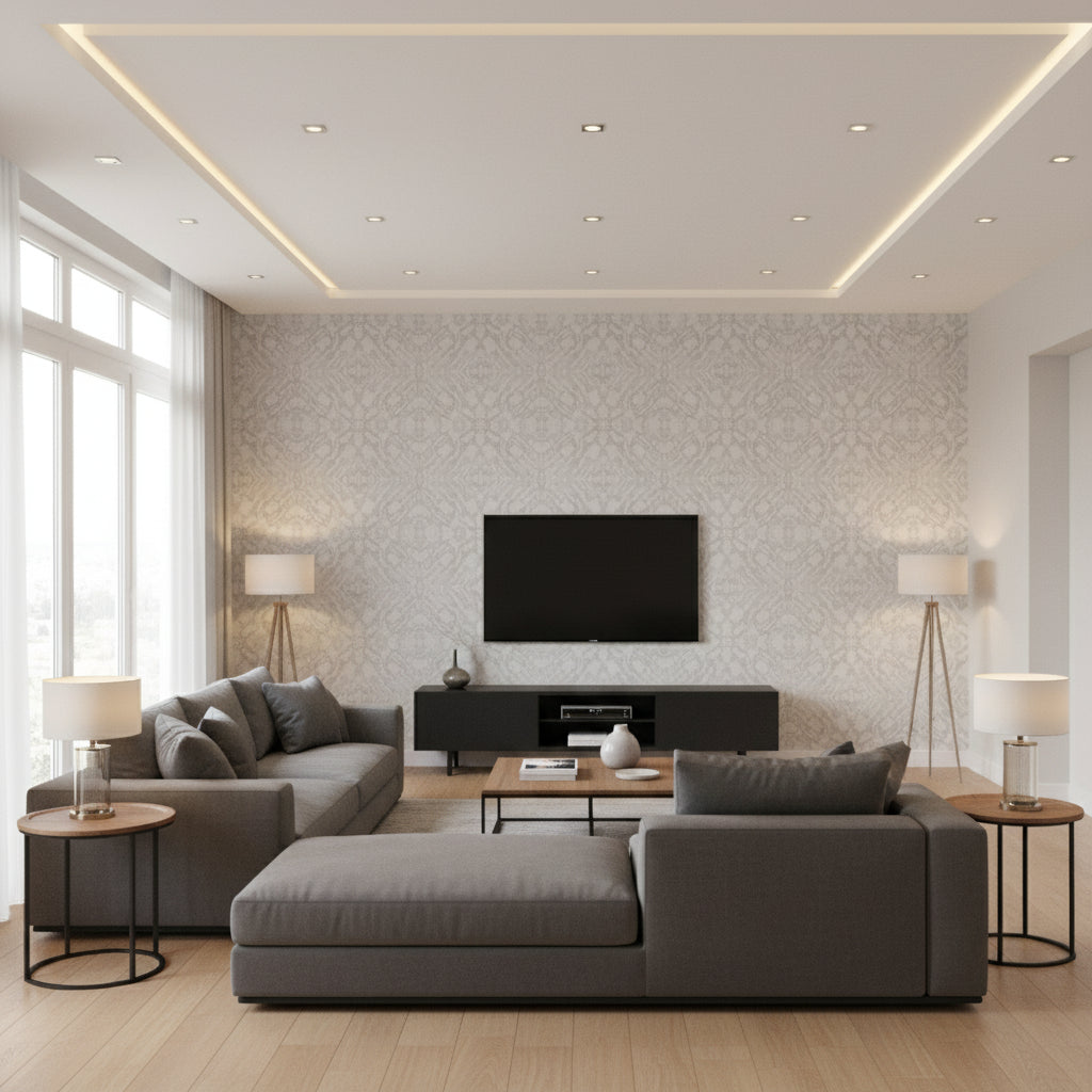 Mudmee Alum White | Architectural Wallcoverings - Living Room Visualization (AI-generated, may not be to scale. Verify pattern scale with product specifications.)