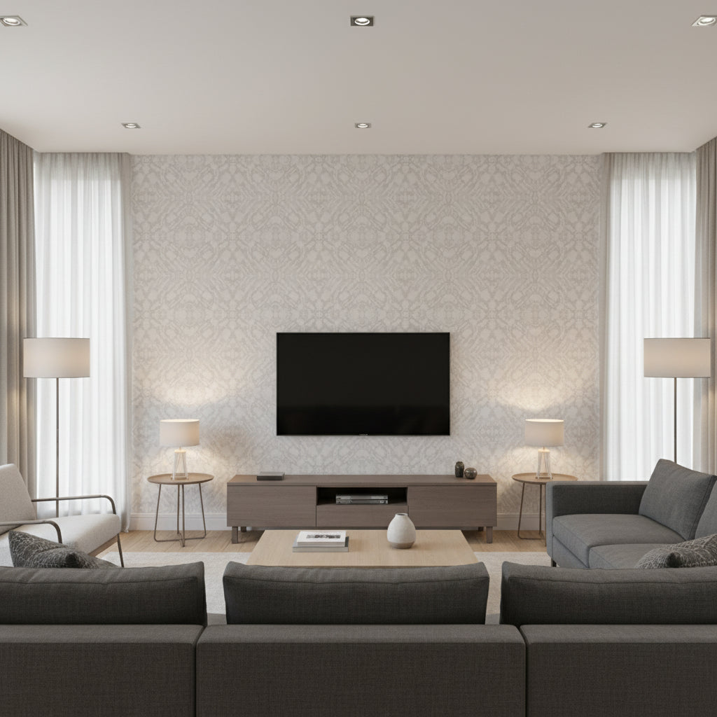 Mudmee Cottonwood White | Architectural Wallcoverings - Living Room Visualization (AI-generated, may not be to scale. Verify pattern scale with product specifications.)