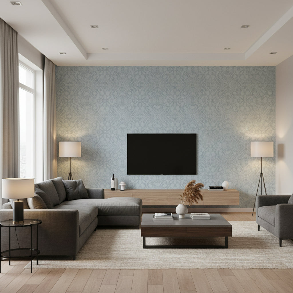 Mudmee Lapis Light Blue | Architectural Wallcoverings - Living Room Visualization (AI-generated, may not be to scale. Verify pattern scale with product specifications.)