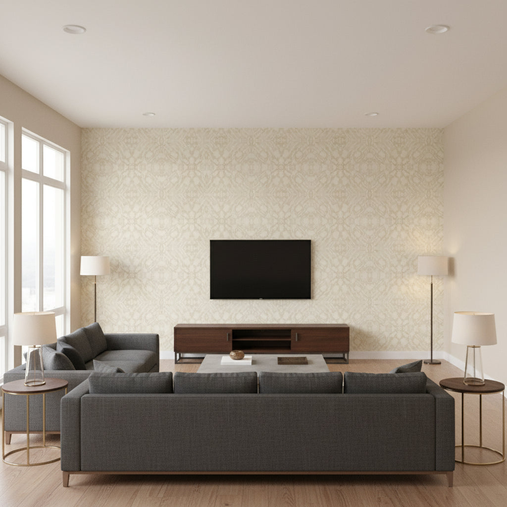 Mudmee Limonite Beige | Architectural Wallcoverings - Living Room Visualization (AI-generated, may not be to scale. Verify pattern scale with product specifications.)