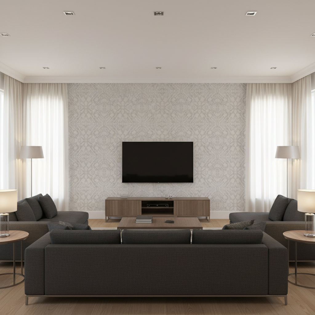 Mudmee Moonstone Beige | Architectural Wallcoverings - Living Room Visualization (AI-generated, may not be to scale. Verify pattern scale with product specifications.)