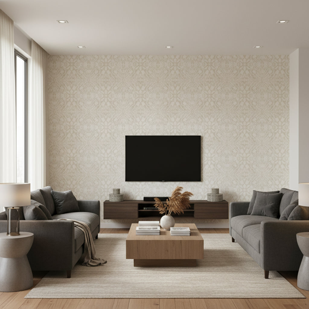 Mudmee Mountain Alder Beige | Architectural Wallcoverings - Living Room Visualization (AI-generated, may not be to scale. Verify pattern scale with product specifications.)