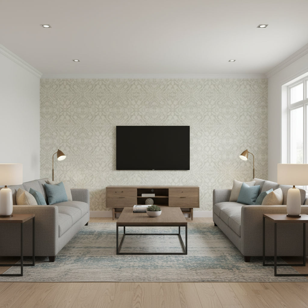Mudmee Spruce Beige | Architectural Wallcoverings - Living Room Visualization (AI-generated, may not be to scale. Verify pattern scale with product specifications.)