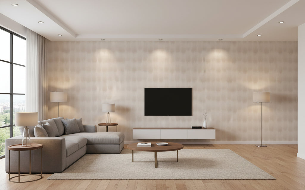 Wander Drift Beige | Architectural Wallcoverings - Living Room Visualization (AI-generated, may not be to scale. Verify pattern scale with product specifications.)