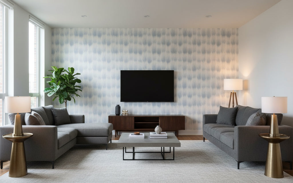 Wander Float Dominant Color | Architectural Wallcoverings - Living Room Visualization (AI-generated, may not be to scale. Verify pattern scale with product specifications.)