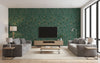 Milo Evergreen | Architectural Wallcoverings - Living Room Visualization (AI-generated, may not be to scale. Verify pattern scale with product specifications.)