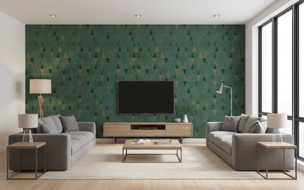 Milo Evergreen | Architectural Wallcoverings - Living Room Visualization (AI-generated, may not be to scale. Verify pattern scale with product specifications.)