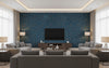 Milo Midnight Blue | Architectural Wallcoverings - Living Room Visualization (AI-generated, may not be to scale. Verify pattern scale with product specifications.)