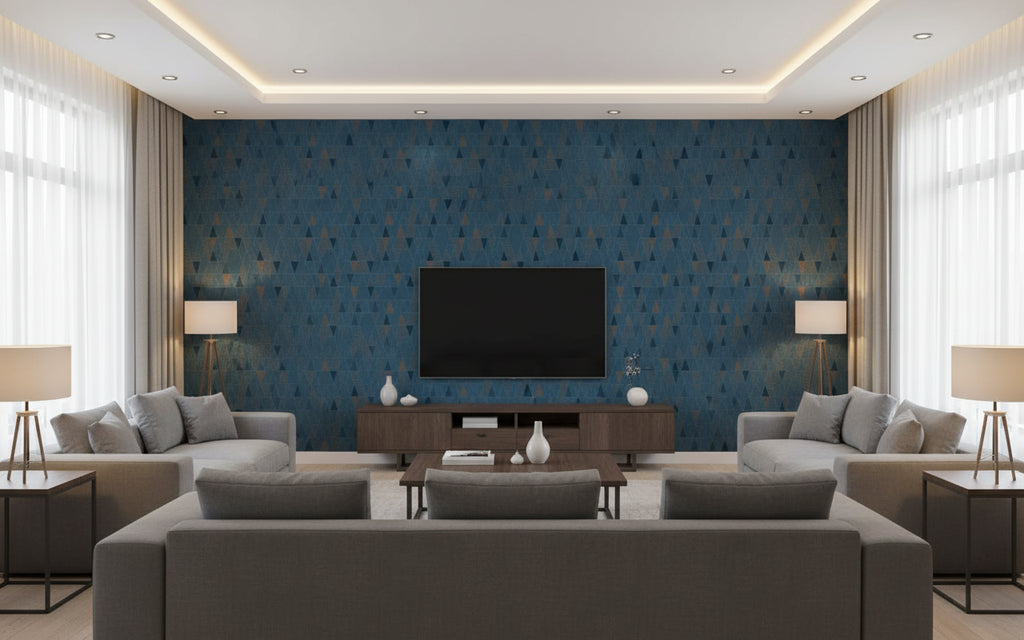 Milo Midnight Blue | Architectural Wallcoverings - Living Room Visualization (AI-generated, may not be to scale. Verify pattern scale with product specifications.)