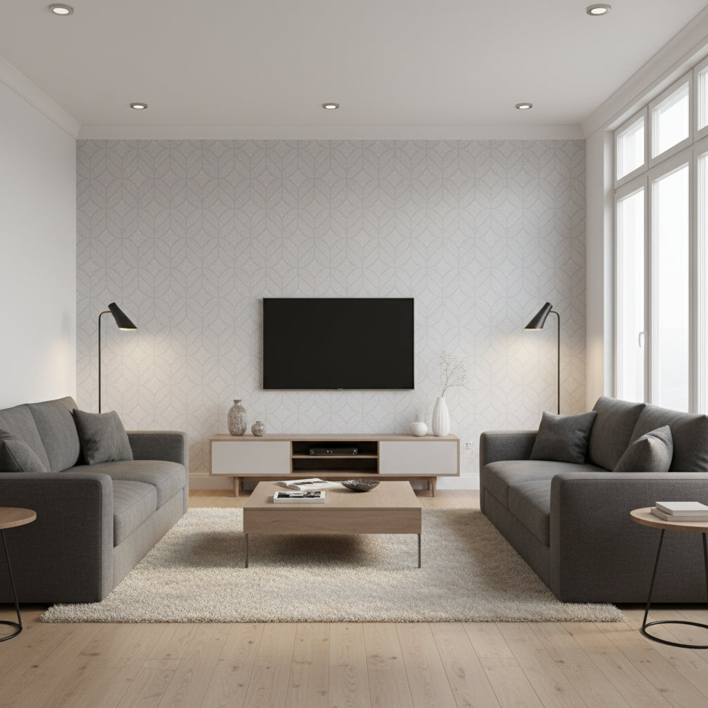 Paradox Adapt Gray | Architectural Wallcoverings - Living Room Visualization (AI-generated, may not be to scale. Verify pattern scale with product specifications.)