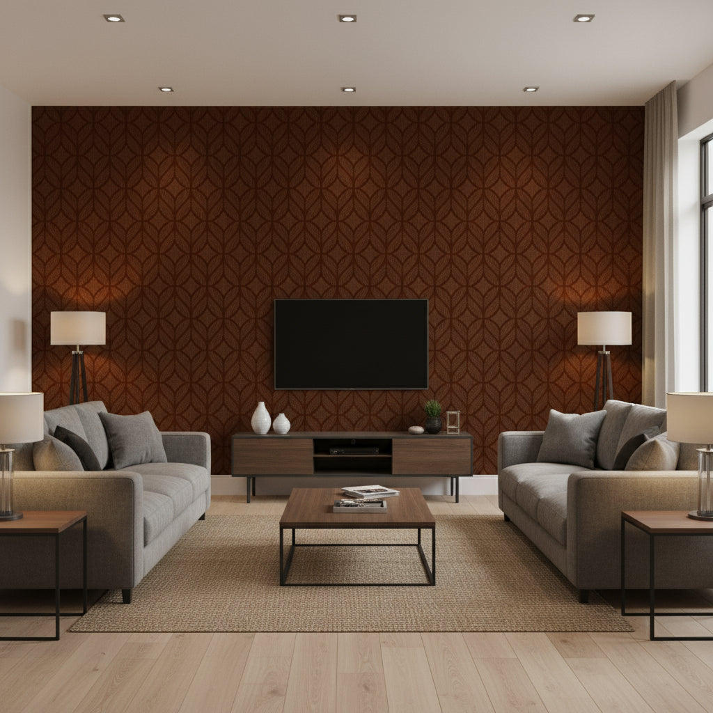 Paradox Boundaries Brown | Architectural Wallcoverings - Living Room Visualization (AI-generated, may not be to scale. Verify pattern scale with product specifications.)