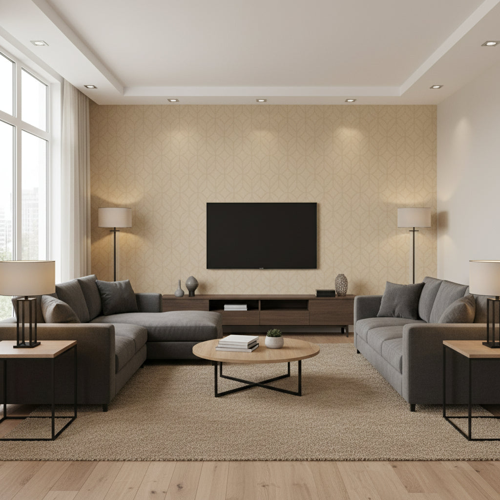 Paradox Patience Beige | Architectural Wallcoverings - Living Room Visualization (AI-generated, may not be to scale. Verify pattern scale with product specifications.)