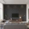Paradox Resolve Black | Architectural Wallcoverings - Living Room Visualization (AI-generated, may not be to scale. Verify pattern scale with product specifications.)