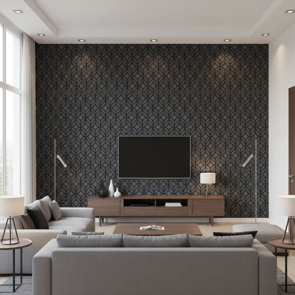 Paradox Resolve Black | Architectural Wallcoverings - Living Room Visualization (AI-generated, may not be to scale. Verify pattern scale with product specifications.)