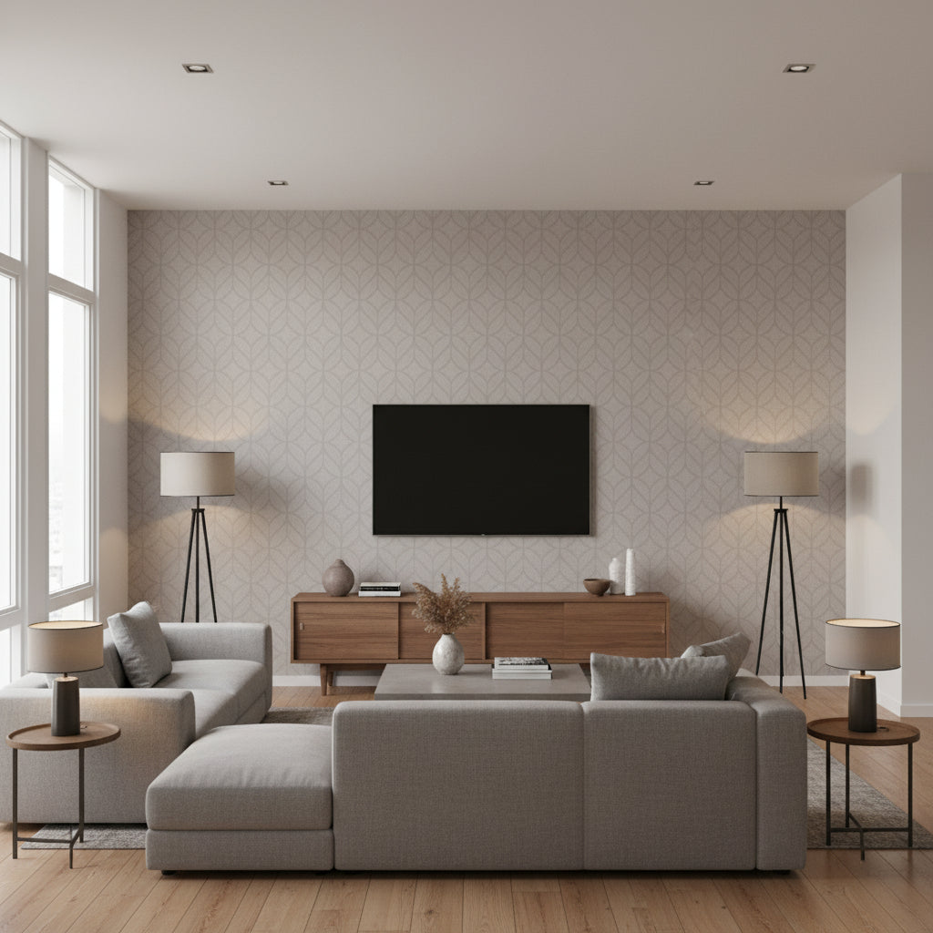Paradox Wait Gray | Architectural Wallcoverings - Living Room Visualization (AI-generated, may not be to scale. Verify pattern scale with product specifications.)