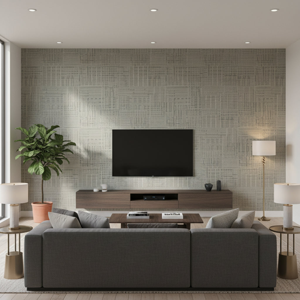 Insight Grid Cove Bay Gray | Architectural Wallcoverings - Living Room Visualization (AI-generated, may not be to scale. Verify pattern scale with product specifications.)