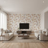 Calliope Jubilee Beige | Architectural Wallcoverings - Living Room Visualization (AI-generated, may not be to scale. Verify pattern scale with product specifications.)