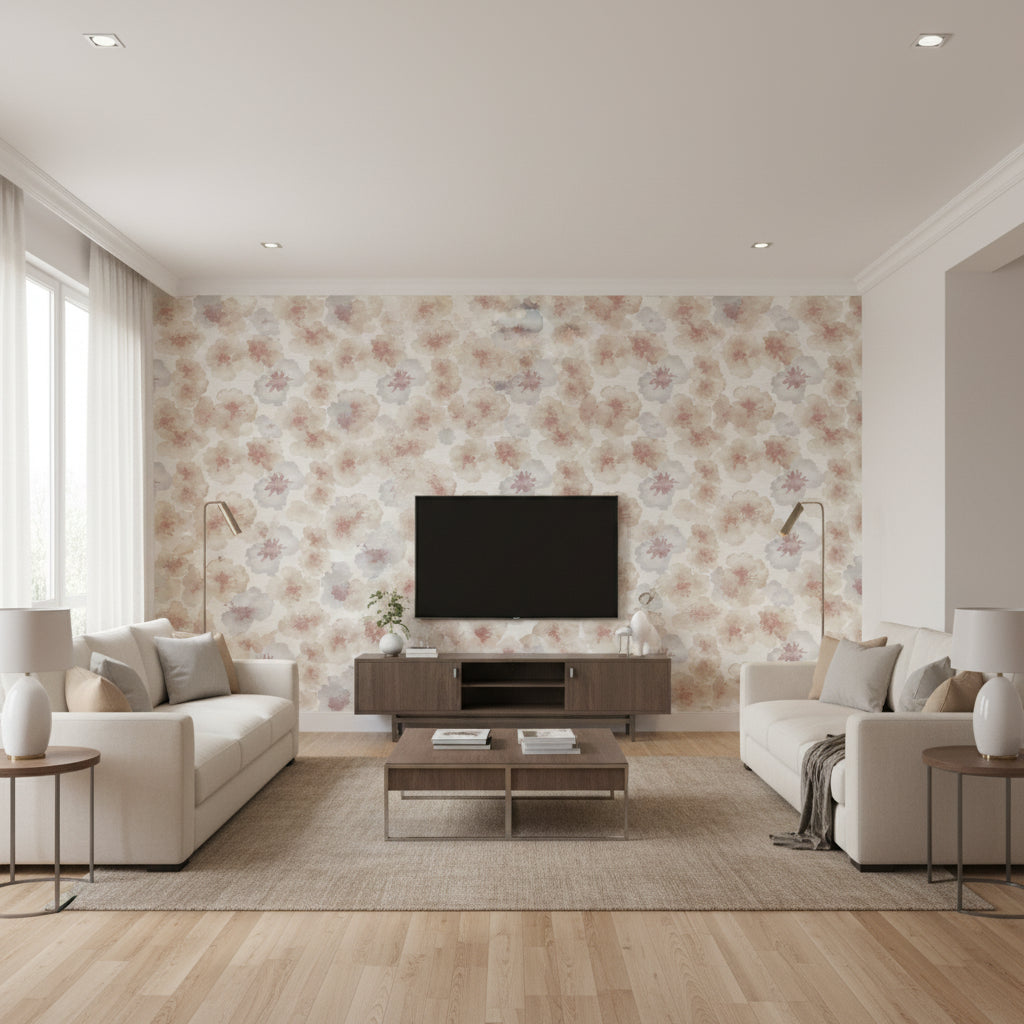 Calliope Jubilee Beige | Architectural Wallcoverings - Living Room Visualization (AI-generated, may not be to scale. Verify pattern scale with product specifications.)