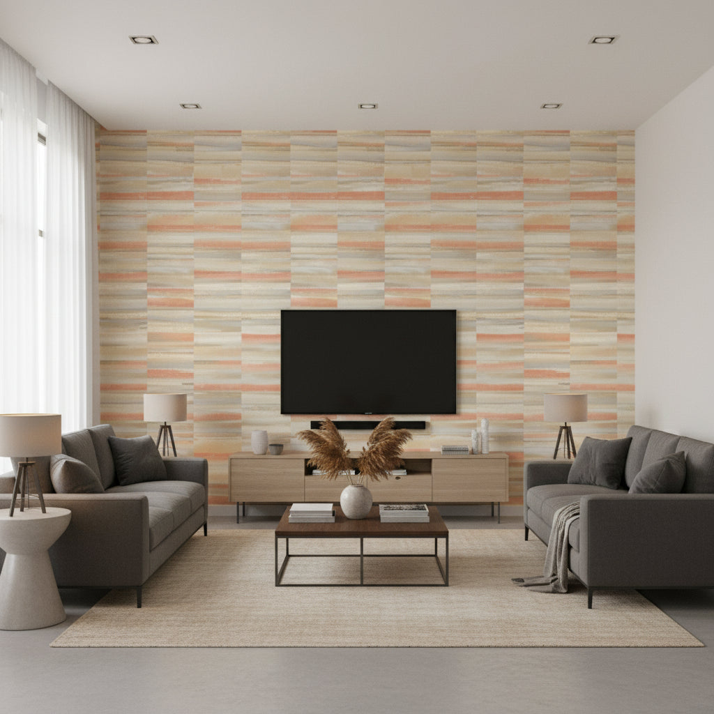 Kiawah Dune Beige | Architectural Wallcoverings - Living Room Visualization (AI-generated, may not be to scale. Verify pattern scale with product specifications.)