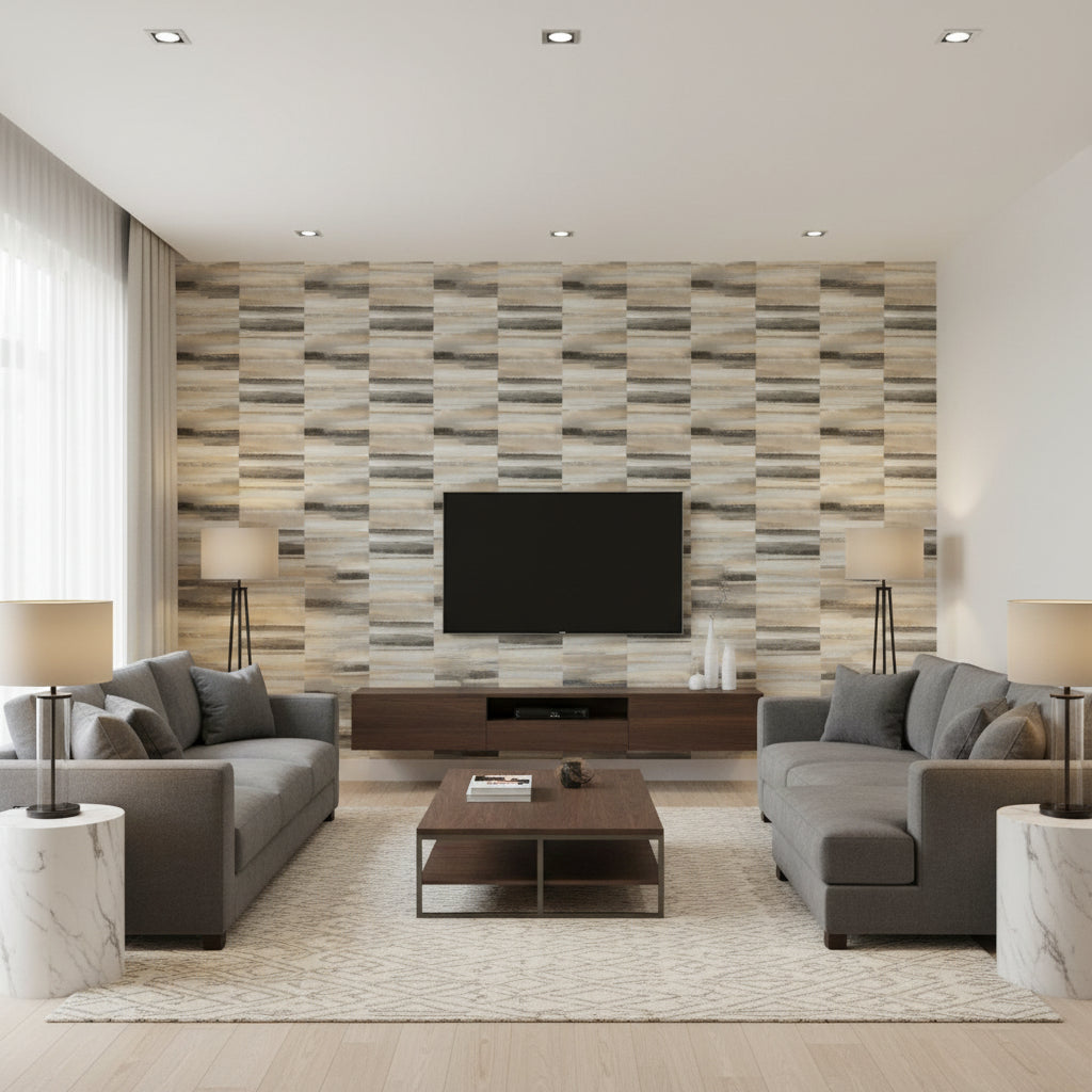 Kiawah Dylan Beige | Architectural Wallcoverings - Living Room Visualization (AI-generated, may not be to scale. Verify pattern scale with product specifications.)