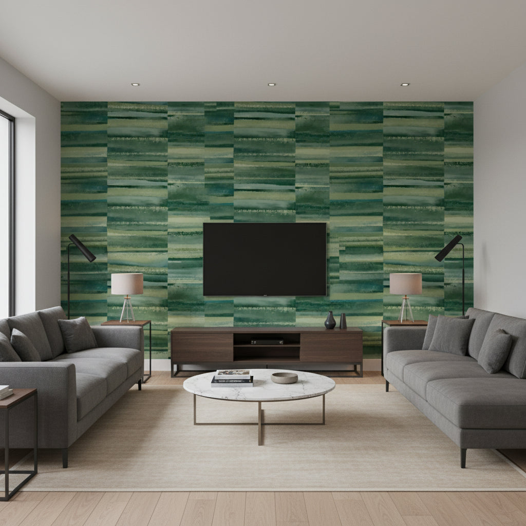 Kiawah Seaton Green | Architectural Wallcoverings - Living Room Visualization (AI-generated, may not be to scale. Verify pattern scale with product specifications.)