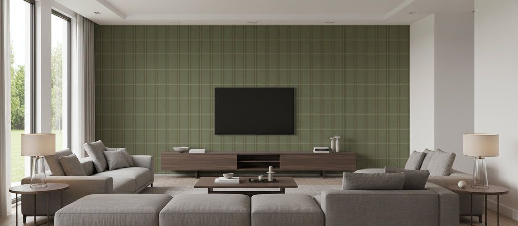 Tattersall Plaid Headlands Green | Architectural Wallcoverings - Living Room Visualization (AI-generated, may not be to scale. Verify pattern scale with product specifications.)
