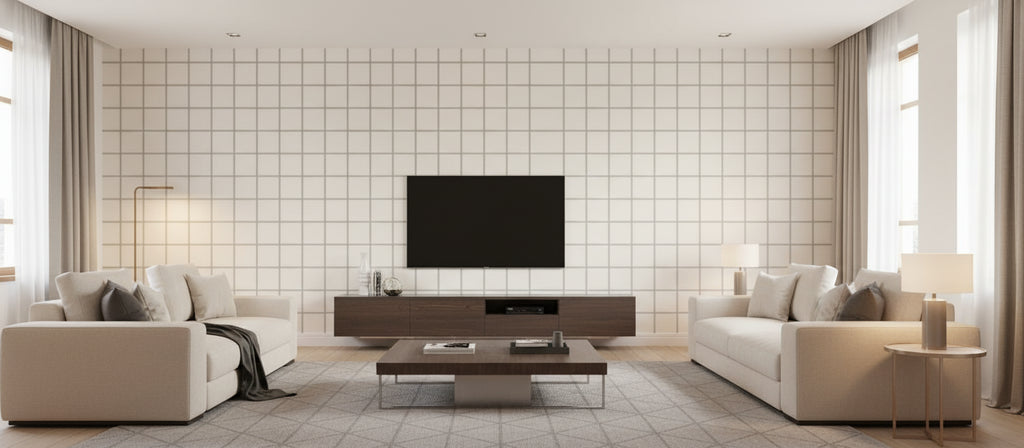 Tattersall Plaid Willow Bark White | Architectural Wallcoverings - Living Room Visualization (AI-generated, may not be to scale. Verify pattern scale with product specifications.)