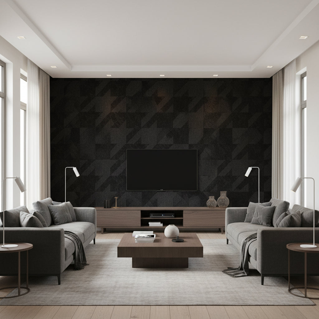 Well Dressed Black Tie | Architectural Wallcoverings - Living Room Visualization (AI-generated, may not be to scale. Verify pattern scale with product specifications.)