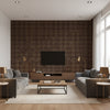 Well Dressed Business Casual Brown | Architectural Wallcoverings - Living Room Visualization (AI-generated, may not be to scale. Verify pattern scale with product specifications.)