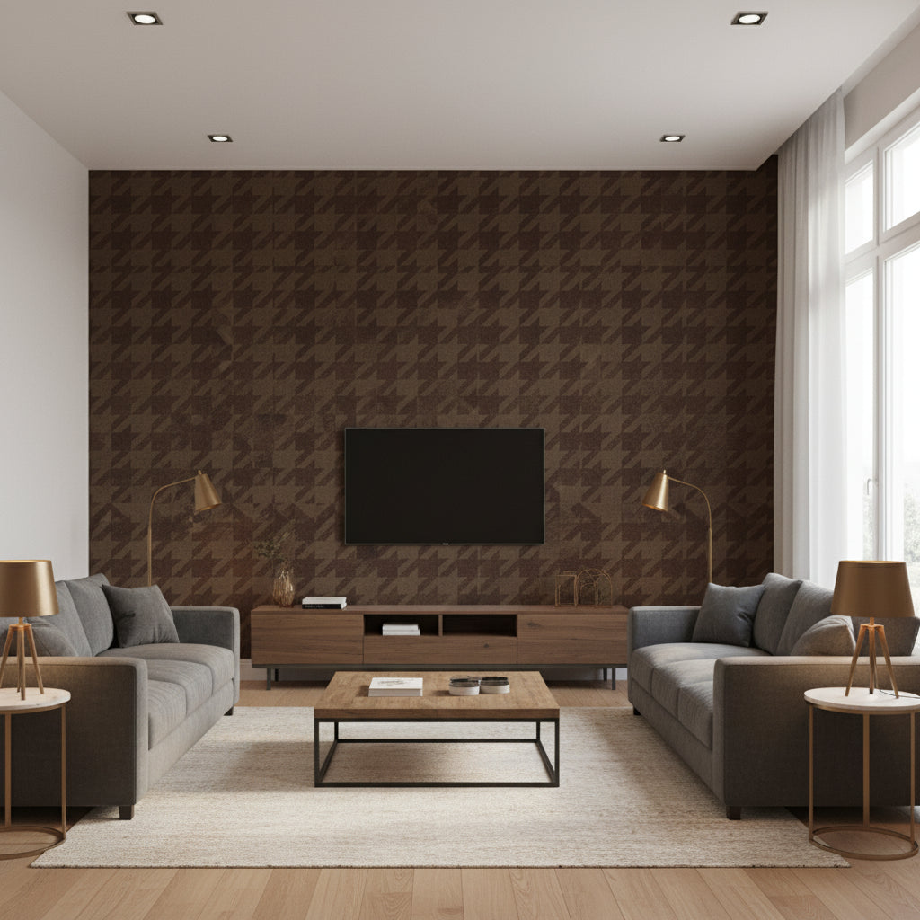 Well Dressed Business Casual Brown | Architectural Wallcoverings - Living Room Visualization (AI-generated, may not be to scale. Verify pattern scale with product specifications.)