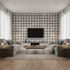 Well Dressed Cat Walk White | Architectural Wallcoverings - Living Room Visualization (AI-generated, may not be to scale. Verify pattern scale with product specifications.)