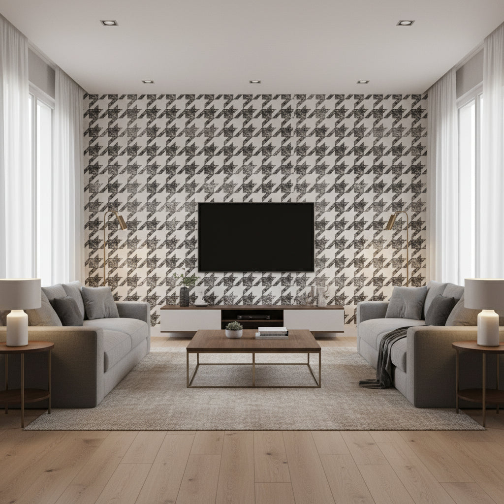 Well Dressed Cat Walk White | Architectural Wallcoverings - Living Room Visualization (AI-generated, may not be to scale. Verify pattern scale with product specifications.)