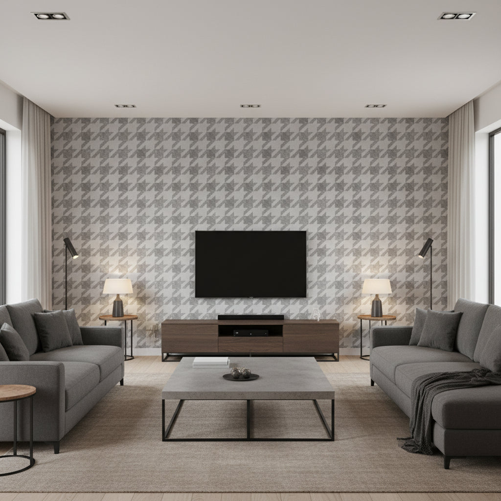 Well Dressed Glam Gray | Architectural Wallcoverings - Living Room Visualization (AI-generated, may not be to scale. Verify pattern scale with product specifications.)