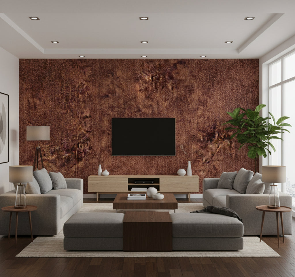 Washed Medallion Global Market Brown | Architectural Wallcoverings - Living Room Visualization (AI-generated, may not be to scale. Verify pattern scale with product specifications.)