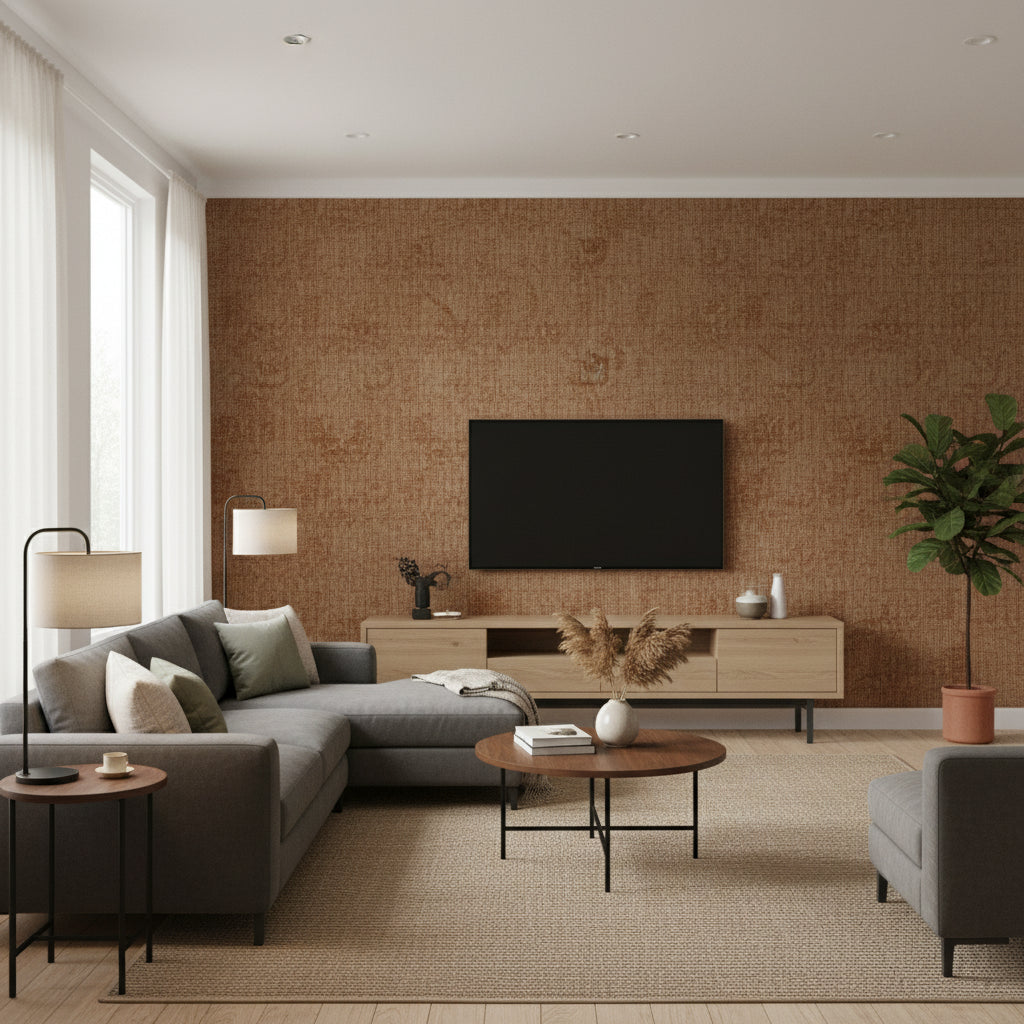Washed Medallion Harvest Moon Brown | Architectural Wallcoverings - Living Room Visualization (AI-generated, may not be to scale. Verify pattern scale with product specifications.)