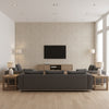 Washed Medallion Orbital Beige | Architectural Wallcoverings - Living Room Visualization (AI-generated, may not be to scale. Verify pattern scale with product specifications.)