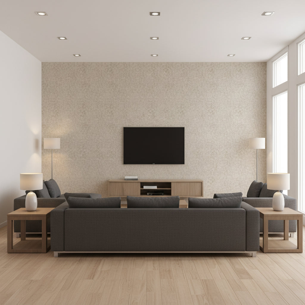 Washed Medallion Orbital Beige | Architectural Wallcoverings - Living Room Visualization (AI-generated, may not be to scale. Verify pattern scale with product specifications.)