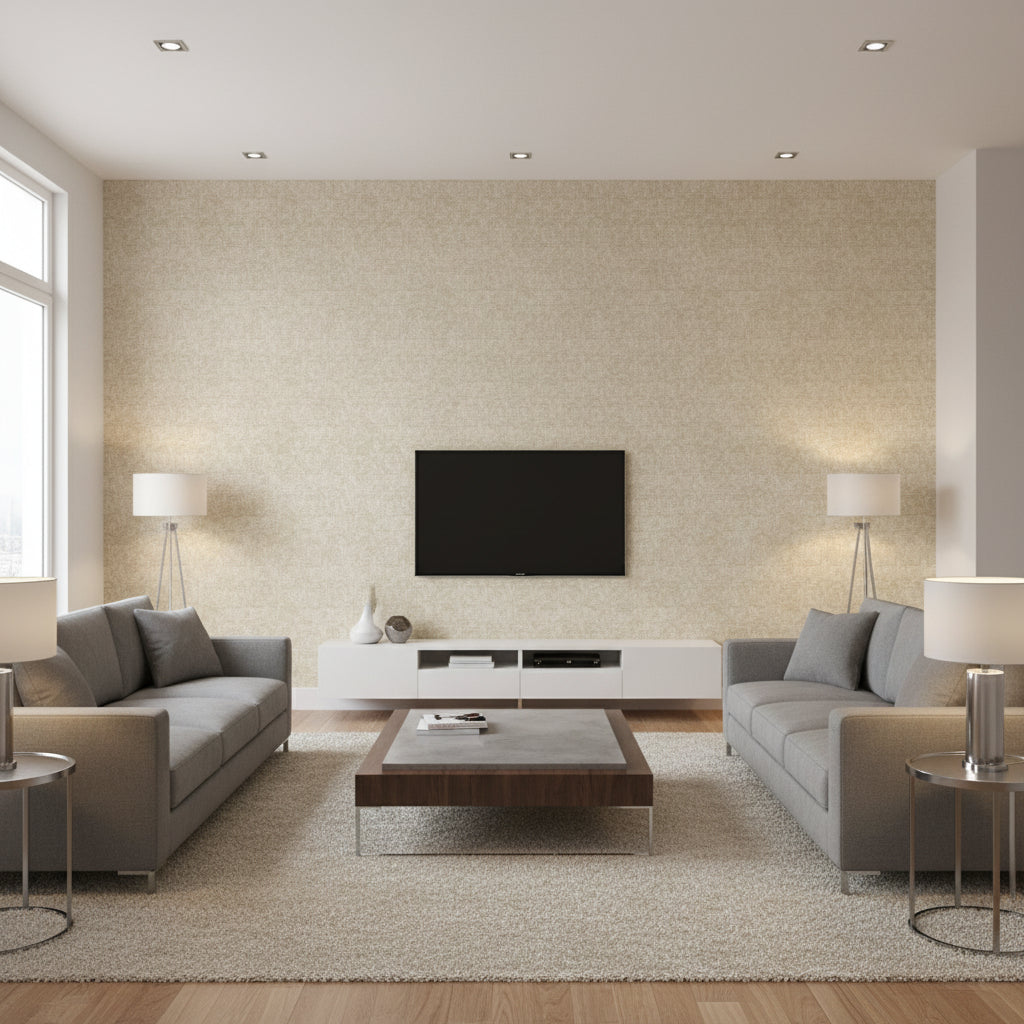 Washed Medallion Solstice Beige | Architectural Wallcoverings - Living Room Visualization (AI-generated, may not be to scale. Verify pattern scale with product specifications.)