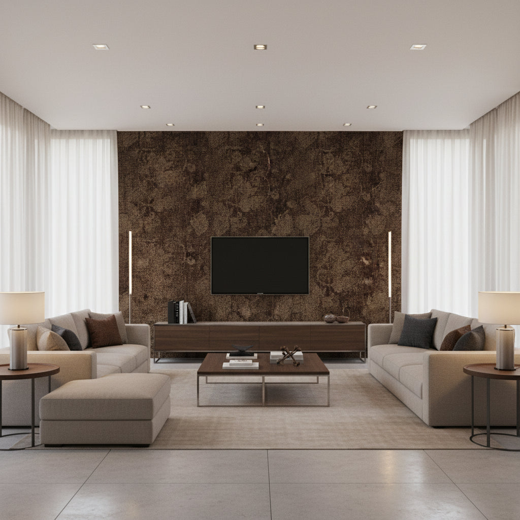 Washed Medallion Terrestrial Brown | Architectural Wallcoverings - Living Room Visualization (AI-generated, may not be to scale. Verify pattern scale with product specifications.)