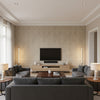 Washed Medallion Universal Beige | Architectural Wallcoverings - Living Room Visualization (AI-generated, may not be to scale. Verify pattern scale with product specifications.)
