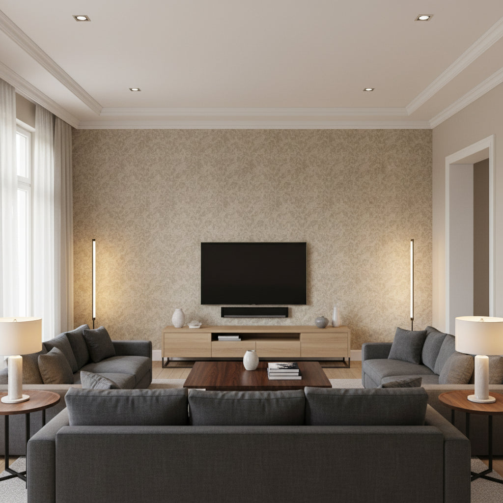 Washed Medallion Universal Beige | Architectural Wallcoverings - Living Room Visualization (AI-generated, may not be to scale. Verify pattern scale with product specifications.)