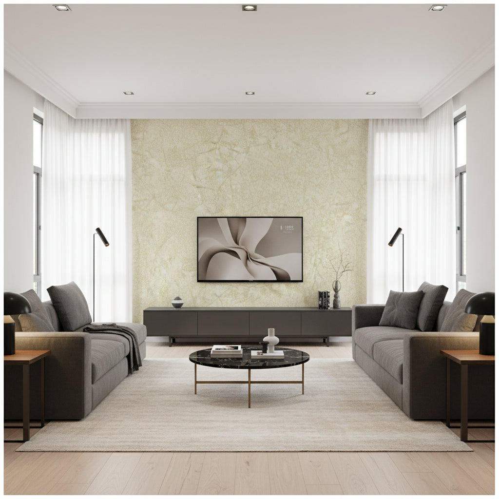 Cordovan - Fawn Wheat By Cole & Son | Cole & Son Landscape Plains |  Wallcovering Print - Living Room Visualization (AI-generated, may not be to scale. Verify pattern scale with product specifications.)