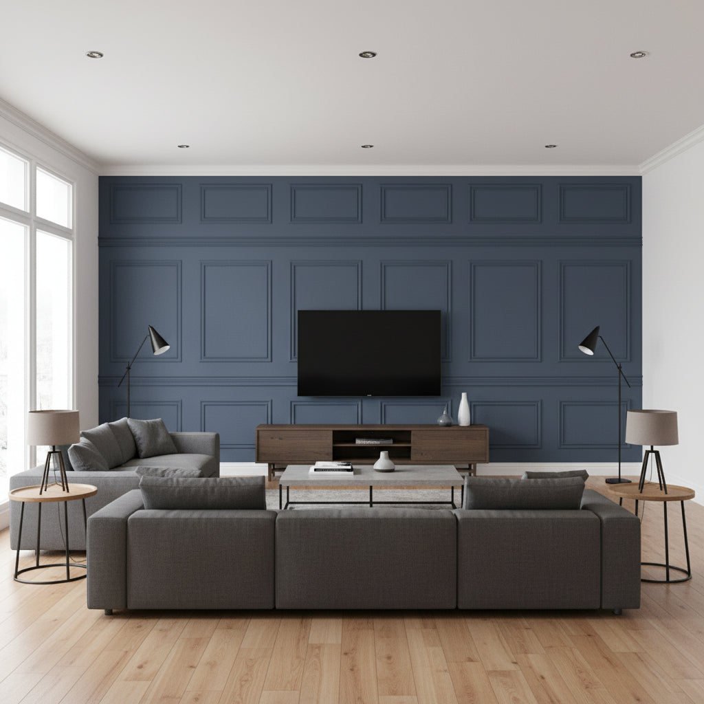 Library Frieze - Midnight Dark Blue By Cole & Son | Cole & Son Historic Royal Palaces-Great Masters |  Wallcovering - Living Room Visualization (AI-generated, may not be to scale. Verify pattern scale with product specifications.)